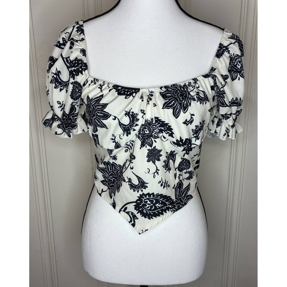 Salanta Women Black White Floral Paisley Crop Top Milkmaid Puff Sleeve Large